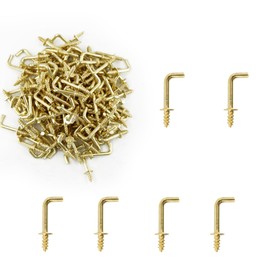 AUXBC 150PCS Mini Right Angle Screw Hooks 1/2 Inch Brass Plated L Hooks, Screw-in Square Bend Hooks, Gold Mini Shoulder Hook Screw Self-Tapping Screws Hooks