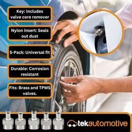 Tek Automotive 2-in-1 Metal Dust Caps for Car Tyres with Valve Core Remover Tool – Pack of 5 Universal Fit Tyre Valve Caps for Cars Bikes Schrader Valve Compatible Durable Car Tyre Valve Dust Caps