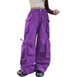 SANGTREE Kids Girls' Vintage Multi-Pocket Cargo Pants Solid Color Streetwear, Purple, 13-14 Years = Tag 170