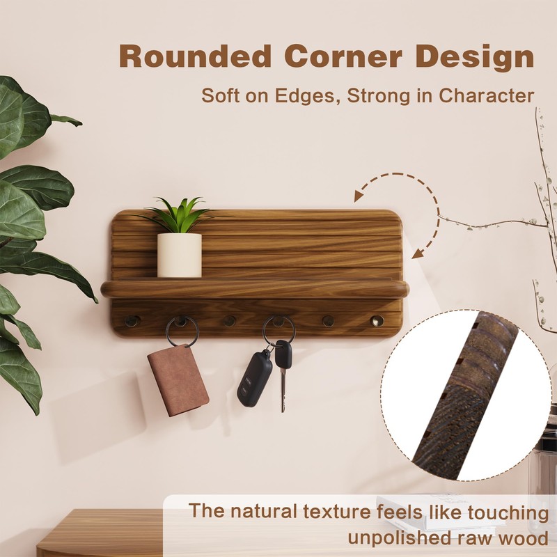 Jemyxhw Key Rack with Shelf and 6 Hooks, Wooden Key