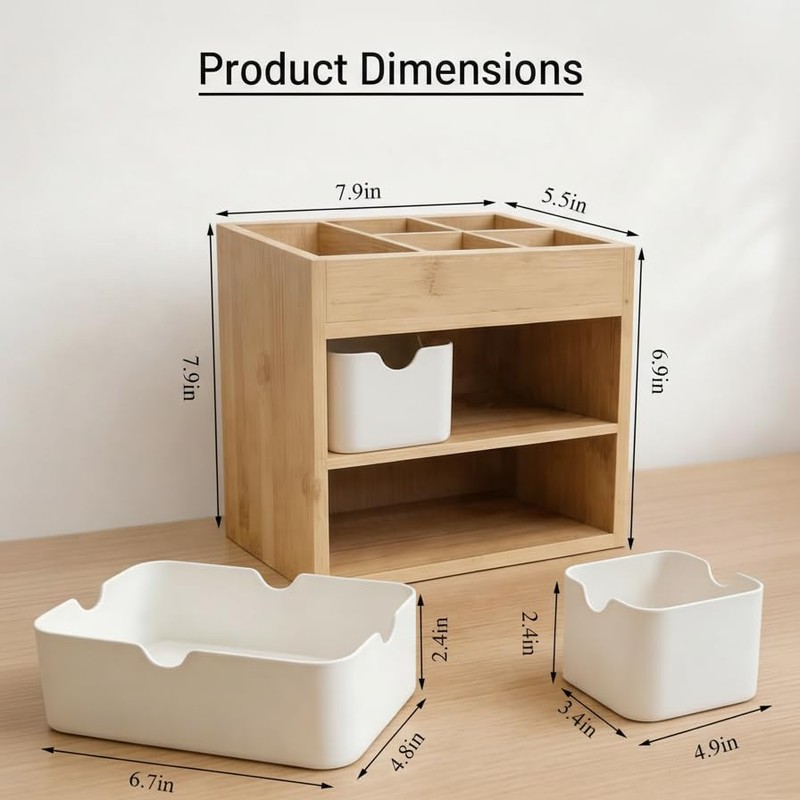 Bamboo 3-Drawer Makeup Organizer, Mortise & Tenon Vanity Box Desk