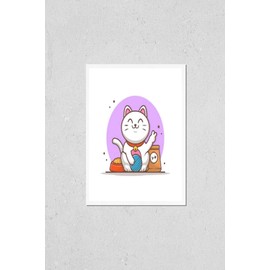 Cute Cat with Plying Wool Ball and Cat Food Illustration. Cat Pet Icon Logo. Petshop Logo. Flat Cartoon Style Suitable for Web Landing Page, Banner, Flyer, Sticker, Wallpaper, Card, Background