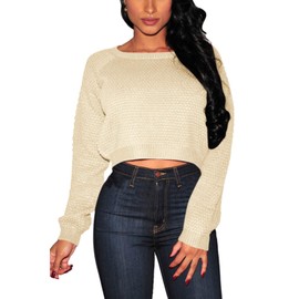 Pink Queen Women's Long Sleeve Knit Crop Top Sweaters Apricot Size M