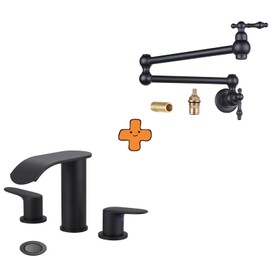 WOWOW Waterfall Bathroom Faucet 3 Holes 8Inch Widespread Bathroom Sink Faucet and Pot Filler Wall Mount Copper Faucet Matte Black Pot Filler Faucet Rotatable Faucet