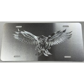 Engraved US American 3D Fierce Eagle Diamond Etched Silver Car Tag Vanity License Plate