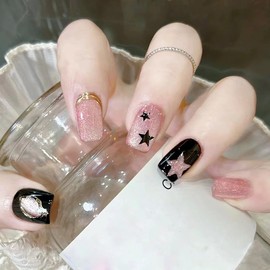 Shiny Star Press on Nails Short Square, Glossy Pink Gradient False Nails with Star Glitter Design, Gel Glue on Nails, Sparkly Stars Medium Artificial Nails Glue on Nails for Women Nail Art Decoration