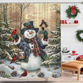 VeiVian Retro Winter Christmas Snowman Shower Curtain, Vintage Cute Xmas Snowman Holiday Rustic Winter Forest Farmhouse Fabric Shower Curtain Christmas Bathroom Accessories with 12PCS Hooks, 70X70IN