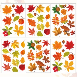 6 Sheet Autumn Window Stickers, Fall Maple Leaves Window Clings, Double Sided Print Decals for Home Thanksgiving Fall Leaves Pine Cones Party Decor