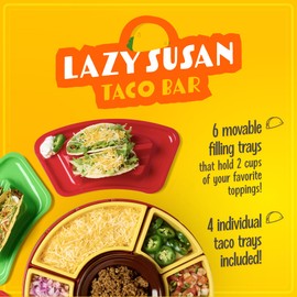 Nostalgia Taco Tuesday Heated Lazy Susan Taco Bar Serving Set for a Party with 4 Tortilla Holders, Fondue Pot for Burritos, Nachos, and Fajitas - 20 Oz. - Red
