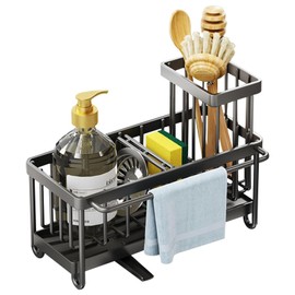 Kitchen Sink Organizer Sponge Holder Sink Caddy 304 Stainless with High Brush Holder Kitchen Sink Caddy with Auto Draining Tray Stainless Steel Sink Sponge Holder with Divider for Countertop (Grey)