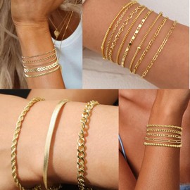 ZENGSING Gold Bracelets for Women Ladies Gold Stacking Bracelets Adjustable Boho Layered Delicate Link Chain Bracelet Chain Cuban Figaro Bracelets Set for Women, Metal