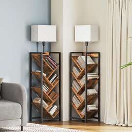 YATINEY 7-Tier Tree-Shaped Bookshelf with Light, 3 Lighting Modes, Floor-Standing Bookcase, Corner Storage Shelf, for Living Room, Bedroom, Home Office, Rustic Brown and Black SJ08DBR