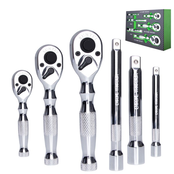 XUNTUI Stubby Ratchet Wrench Set with Extensions, 6-Piece, 1/4 to