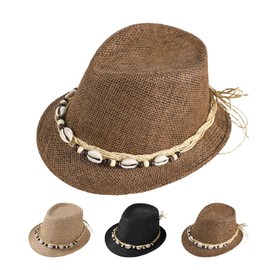 JNGUOSICN Mens Women Summer Sun Hat Fedora Panama Hat Trilby Beach Cap Straw Hats with Shell Band UV Protection for Travel Holiday Outdoor Coffee