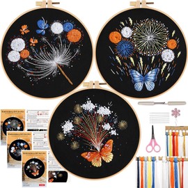 FONNUY 3 Set Crewel Embroidery Kit for Beginners, Fireworks Blooming Pre-Stamped Pattern Kits for Adults with Hoop, Easy to Follow Needlework, 8''