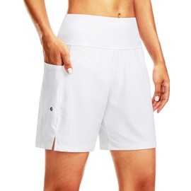 G Gradual Women's 7" Long Swim Board Shorts High Waisted Quick Dry Beach Swimming Shorts for Women with Liner Pockets(White,XL)