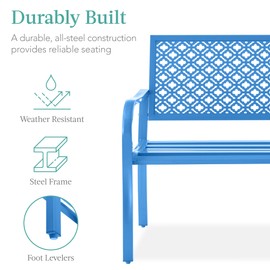 Best Choice Products Outdoor Bench 2-Person Metal Steel Benches Furniture for Garden, Patio, Porch, Entryway w/Geometric Backrest, 790lb Capacity - Ocean Blue