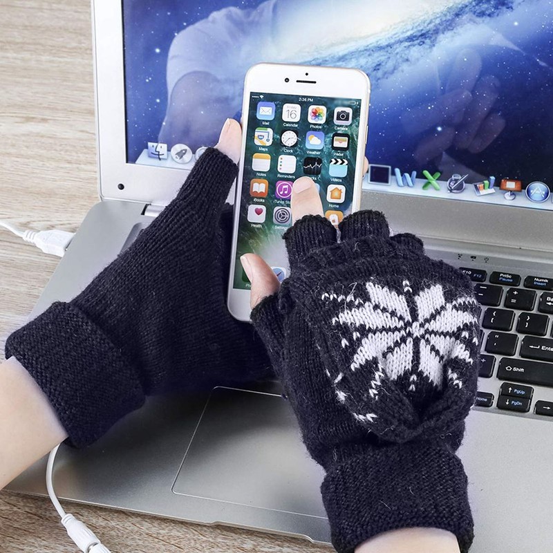 USB Heating Gloves Full Half Fingerless Knitting Double Side Warm