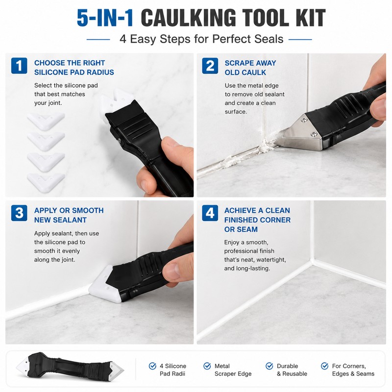 5-in-1 Silicone Caulking Tool Kit for Sealant Finishing – Reusable