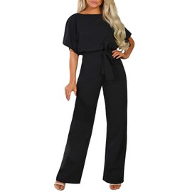 Happy Sailed Women Casual Loose Short Sleeve Belted Wide Leg Pant Romper Jumpsuits Medium Black