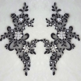 1 Pair Fine Lace Fabric Patches Embroidered Trim Applique Decor Dress Decoration (Black +Silver)