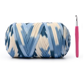 Soft Tshirt Crochet Yarn, 400g/114yds High Elastic Hand Knitting Yarns, Thick T Shirt Yarn for Crocheting Bags, Baskets, Cushions, DIY Crafts（Blue-White）