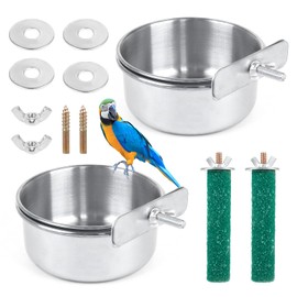 Pack of 2 Bird Feeding Bowls for Hanging, Stainless Steel Bird Bowl with Holder, Bird Feeder Bowl for Parrots, Bird House, Water Bowl, Water Bowl, Cage Feeding Station with 2 Perches