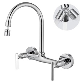 Airuida Chrome Polish Wall Mount Kitchen Sink Faucet Wall Mounted Kitchen Faucet 8 Inch Center Double Handles 360 Degree Swivel Spout Mixer Utility Laundry Restaurant Commercial Tap