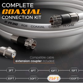 G-PLUG 75FT RG6 Coaxial Cable Connectors Set - High-Speed Internet, Broadband and Digital TV Aerial, Satellite Sky Cable Extension- Weather-Sealed Double Rubber O-Ring and Compression Connectors White