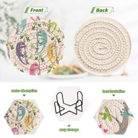 Aflyko Coasters for Drink Rainbow Funny Lizard Coaster Set with Metal Holder Cotton Woven Coaster for Coffee Table Bistro Home Kitchen Island Housewarming Gift 6 Pack