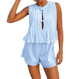 Xfileen Women Summer 2 Piece Sets Fashion Pleated Tie Front Tops and Shorts set Cozy Cotton Pajamas Set
