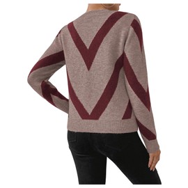 SweatyRocks Women's Chevron Print Long Sleeve Knitted Crewneck Sweater Casual Pullover Top Red and Khaki Small
