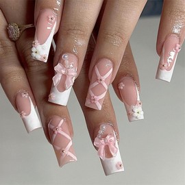 White French Tip Press on Nails Medium Long Fake Nails 3D Bow Pearls Flower Charm Glue on Nails Square Acrylic Nails Press ons Full Cover False Nails Glossy Stick on Nails for Women 24 Pcs