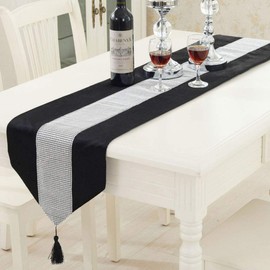 Time to Sparkle Luxury Velvet Diamante Table Runner Thick Velvet Chenille Satin Tasseled Christmas Xmas (Velvet-black, Runner 31x183cm)