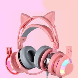 Noise Reduction Cat Ear Headphones with Microphone, Detachable Ears, All-Wrap Ear Cups, Over Ear Gaming Headset (Pink)