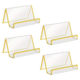 JIHUOO 4 Pack Acrylic Clear Business Card Holder Desk Plastic Horizontal Name Card Holder for Home Office Gold