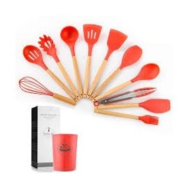 Silicone Cooking Utensils Kitchen Utensil Set, 12 PCS Wooden Handle Nontoxic BPA Free Silicone Spoon Spatula Turner Tongs Kitchen Gadgets Utensil Set for Nonstick Cookware with Holder (Red)