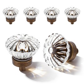 CEYMIO Crystal Cabinet Knobs Cabinets Knob, 4 Pack Flower Antique Brass Vintage Glass Clear Crystal Small Pull for Closet Dresser Drawers Cupboard, Retro Pulls Old Style Bronze Drawer Handle