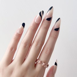 French Almond Press On Nails - LADYING Nude Fake Nails With Nail Glue, Glossy Acrylic Nails Stick On Nails in 12 Sizes - 24PCS Soft Gel Glue On Nails Kit for Women and Girls, Black French Line