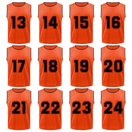TopTie 12-Pack Numbered Scrimmage Pinnies Sports Vests Team Practice Mesh Jerseys #13-24-Orange (#13 to 24)-Adult