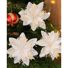 Kisflower 24PCS Poinsettia Artificial Flowers White Christmas Flower Decorations with Clips and Stems, Glitter Christmas Tree Ornaments for Xmas New Year Wedding Party (White)