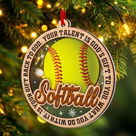 Softball Christmas Ornaments, Softball 2 Layer Wood & Acrylic Ornament for Boy, Girl, Kids Softball Player Ornament Decoration, Sports Fan Ornament 2023, Softball Gifts for Christmas Decor.