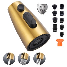 Kitchen Faucet Head Replacement:Stainless Steel Spray Head,3 Modes Pull Out Spray Nozzle with 9 Adapters for Kitchen Sink Faucet,Compatible with Moen Kohler Delta Kitchen Faucets G1/2,Gold