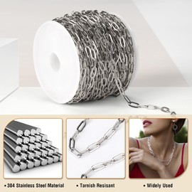 Qoroos 33 Feet 304 Stainless Steel Chains for Jewelry Making Silver Necklace Paperclip Chains Jewelry Making Bracelet with Lobster Clasp and Jump Rings for DIY Necklace Making Kit