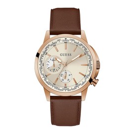GUESS Men's 44mm Watch - Brown Strap White Dial Rose Gold Tone Case
