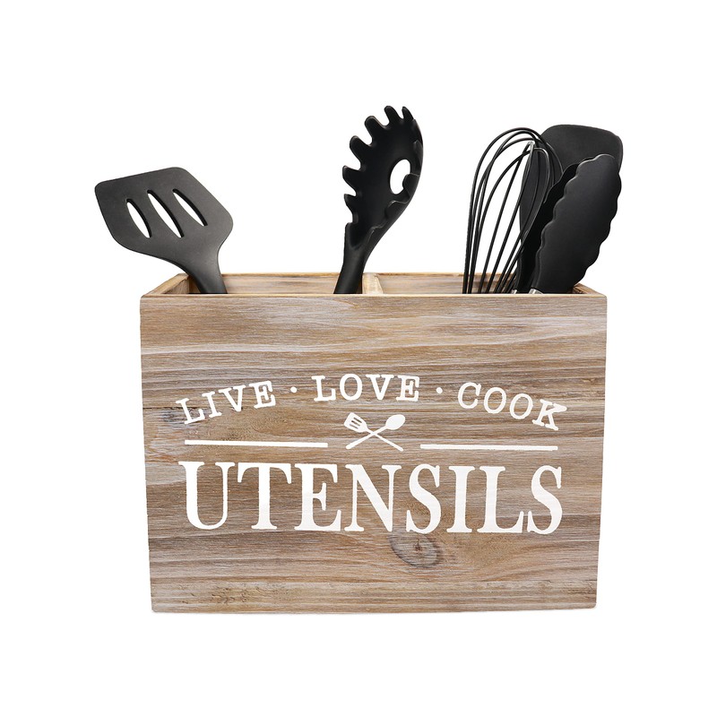 Karisky Kitchen Utensil Holder for Countertop, Farmhouse, Solid Real Wood,