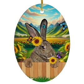 Farmhouse Fence-Themed Design with Playful Brown Flemish Giant Rabbit Christmas Ornaments 2024 Oval White Ceramic Farm Owner Gift