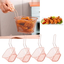 4 Pcs Stainless Steel Deep Fryer Basket, Basket Strainer for French Fries and Fried Chicken Potato Cooking Tool Deep Fry Basket Wire Mesh French Chip Frying Serving Basket (Rose Gold)