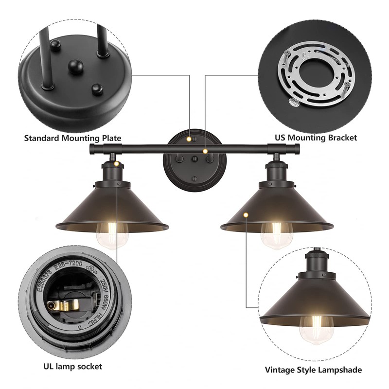 Licperron Black 2-Light Vanity Wall Sconce Lighting, Farmhouse Bathroom Wall