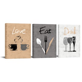 RyounoArt 3 Piece Eat Drink Love Canvas Wall Art Vintage Kitchen Painting Pictures Inspirational Artwork Prints for Modern Home Dining Room Restaurant Cafe Bar Wall Decor Framed Ready to Hang